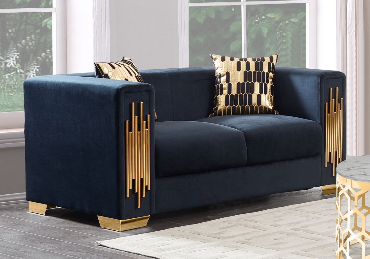 Malory Black Velvet Loveseat With Gold Trim