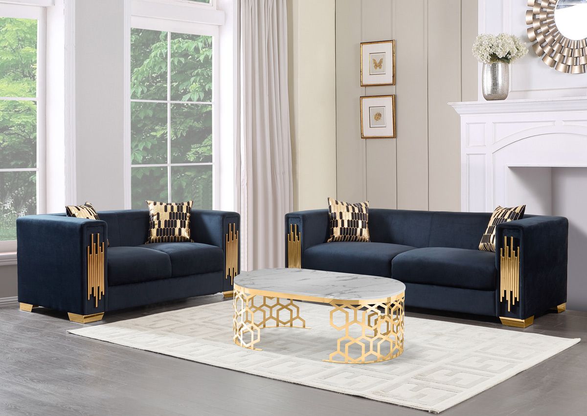 Malory Black Velvet Sofa Set With Gold Trim