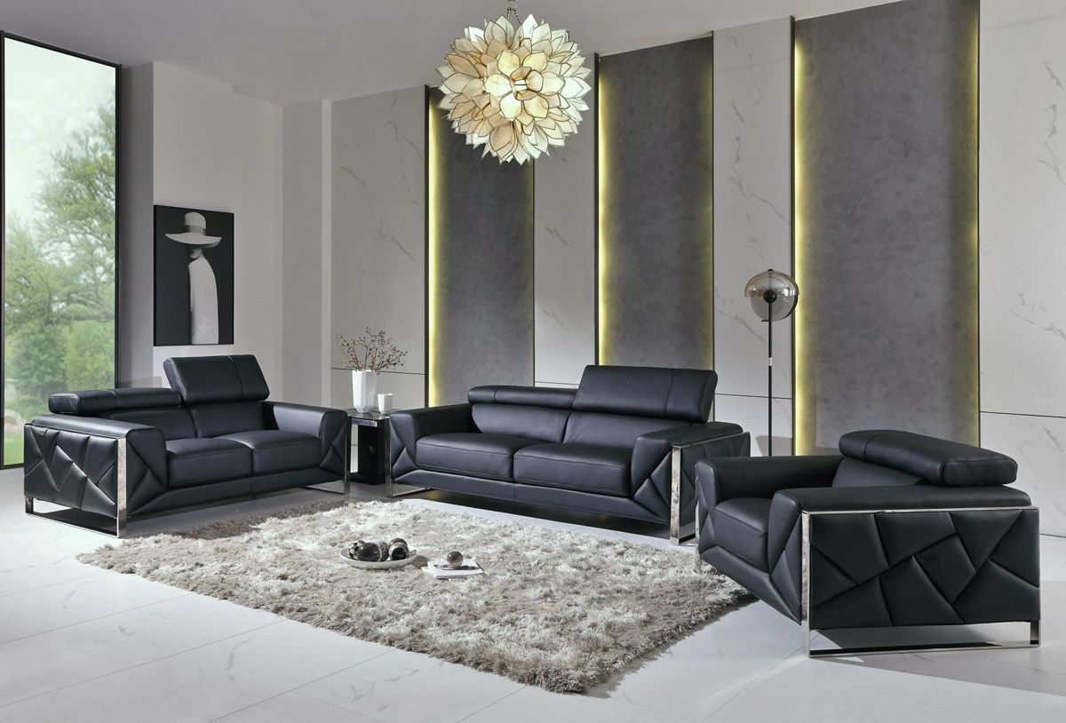 Malvina Black Italian Leather Sofa Set