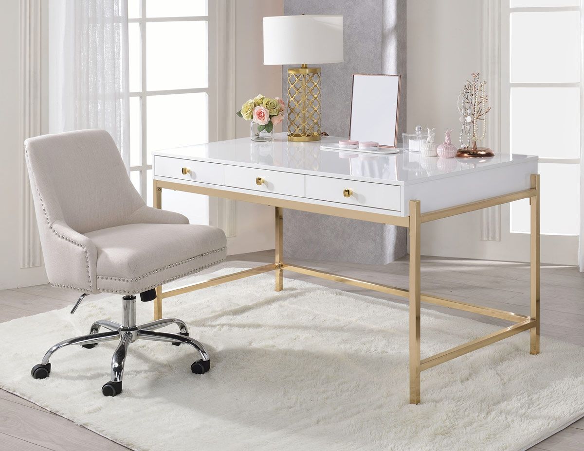 Nicole Miller Desk - White/Gold | Design: Mandisa | 2 Drawers | Hight Gloss  Lacquer Finish