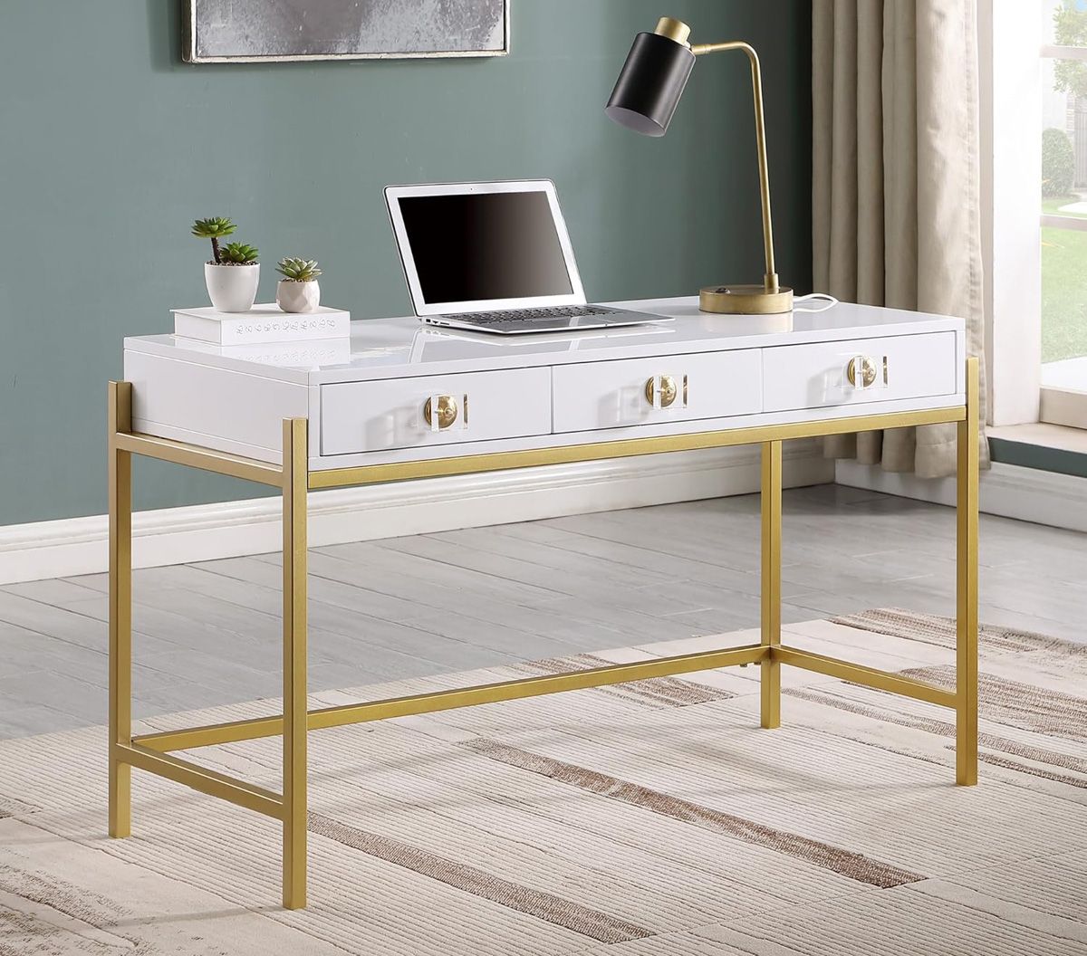 Marabella Glossy White Writing Desk Gold Legs