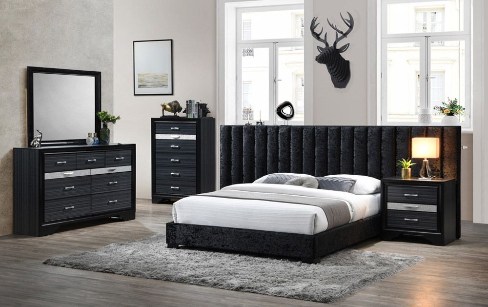 Marcella Black Winged Headboard Bed