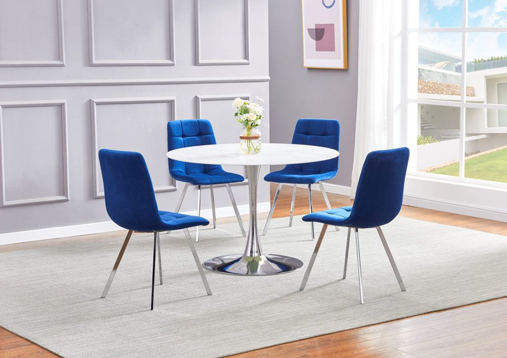 Marlee Round Dining Table Set With Navy Chairs