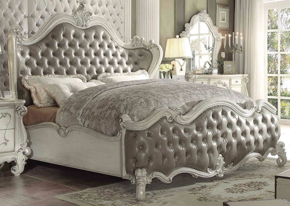 Marlyn Grey Leather Button Tufted Bed