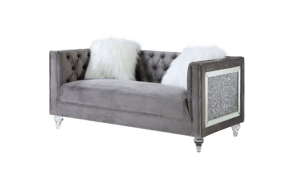 Mary Grey Velvet Love Seat With Glitter Sides