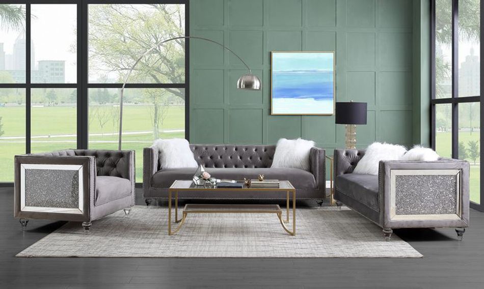 Mary Grey Velvet Sofa Set With Glitter Sides
