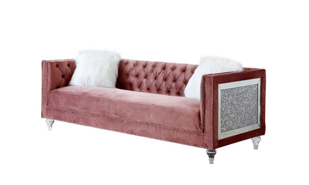 Mary Pink Velvet Sofa With Mirrored Glitter Accents