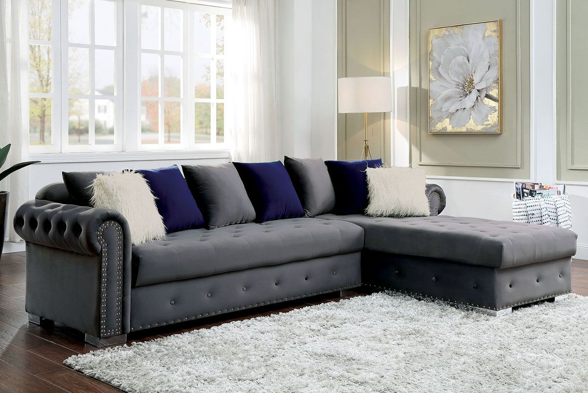 Marys Chesterfield Sectional Grey Velvet