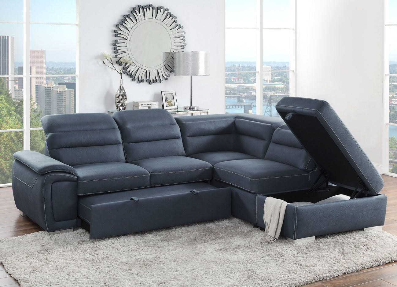 Maura Blue Fabric Sectional With Storage