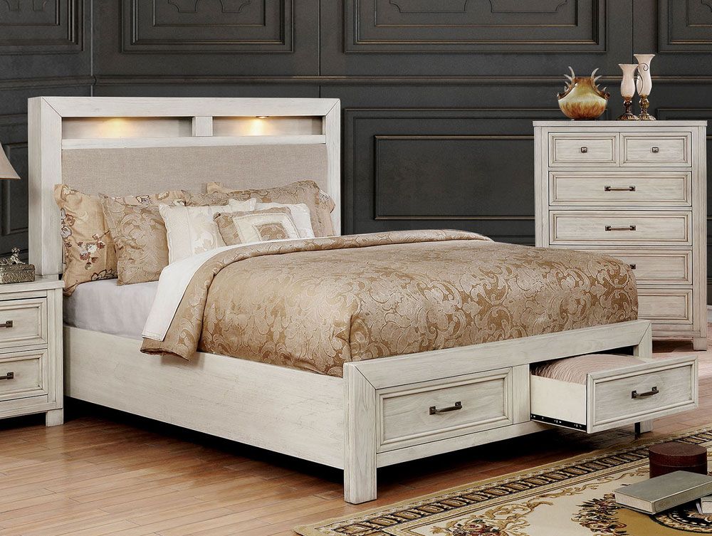 Midtown Rustic Antique White Bed With Drawers
