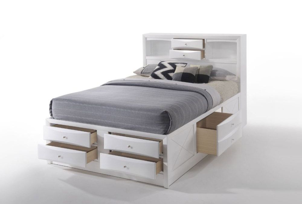 Monton White Finish High Platform Bed With Drawers