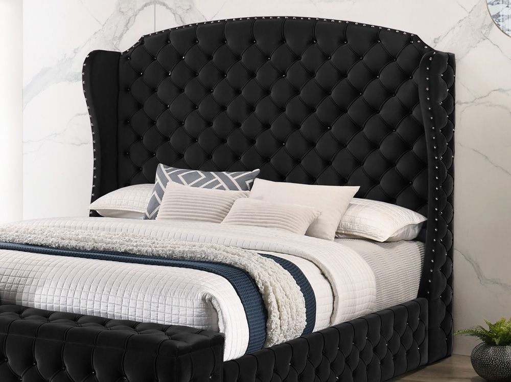 Munich Black Velvet Crystal Tufted Headboard