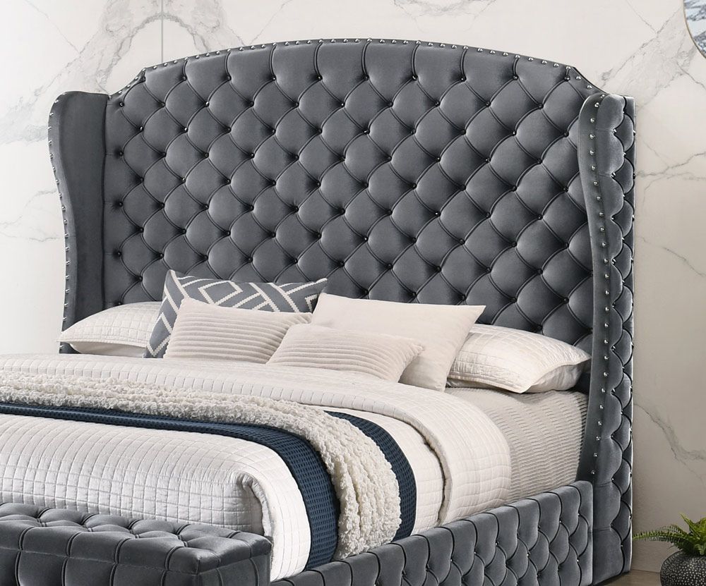 Munich Tufted Grey Velvet Winged Headboard