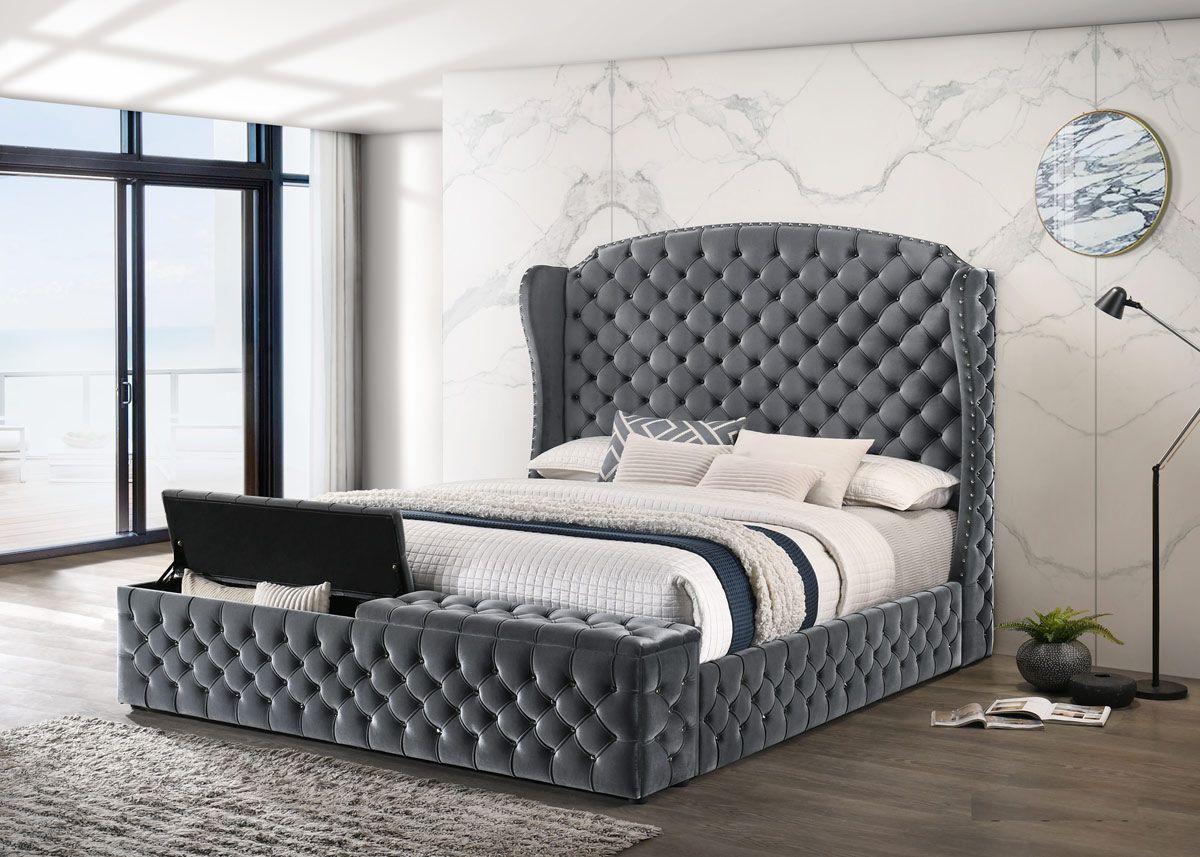 Munich Tufted Grey Velvet Storage Bed