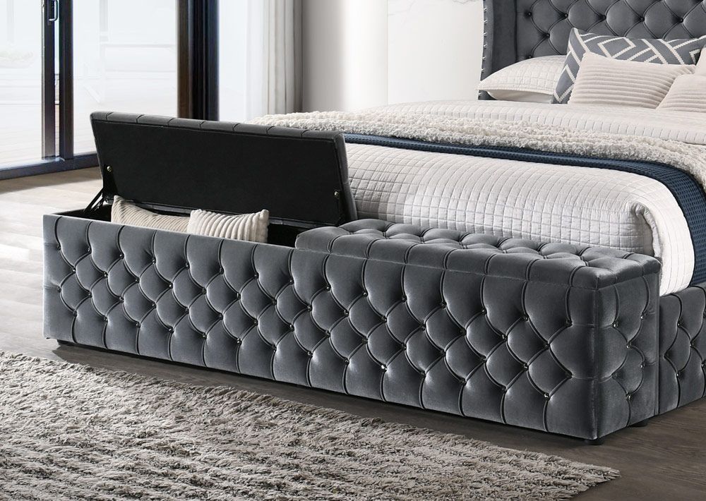 Munich Tufted Grey Velvet Bed Storage