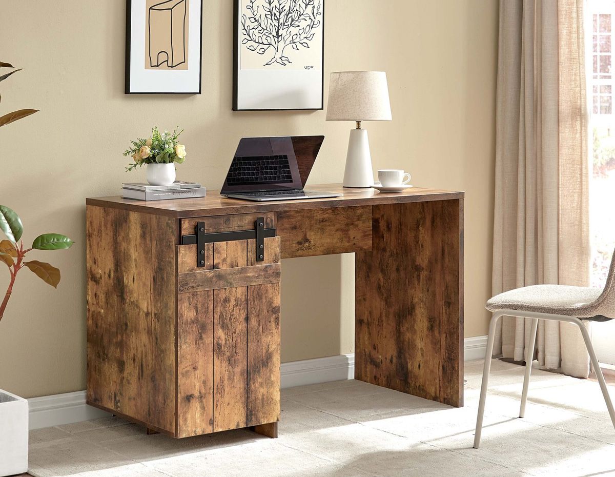 Murik Distressed Wood Desk Faux Barn Door