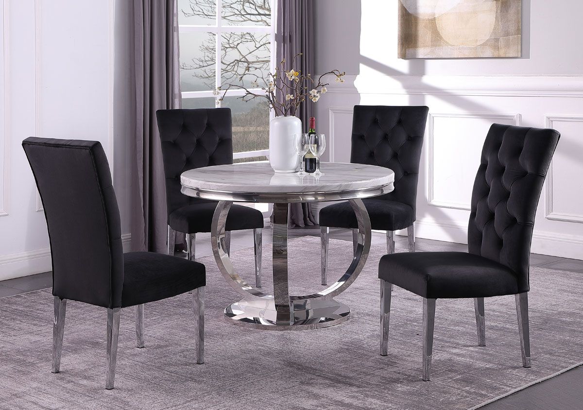 Naple Round Faux Marble Dining Table With Black Chairs