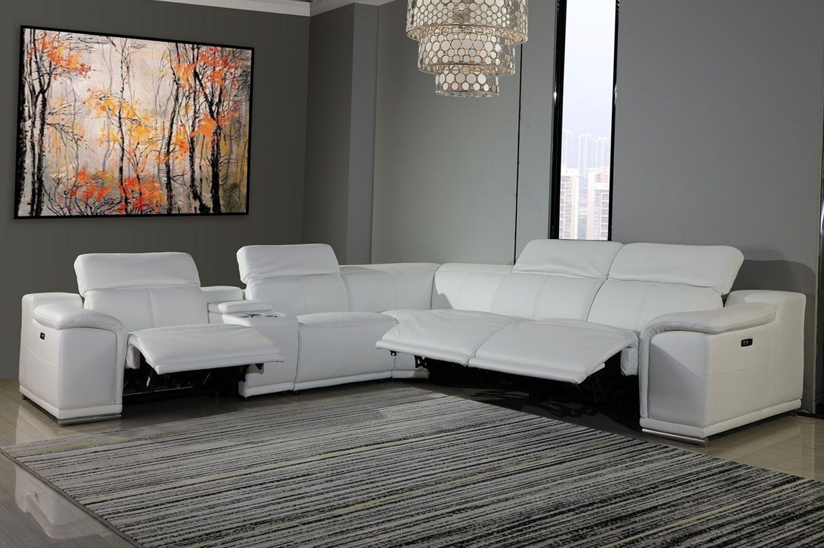 Nieves White Leather Power Recliner Sectional