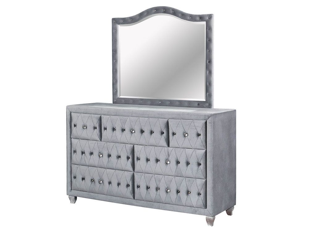 New York Grey Velvet Dresser and Mirror