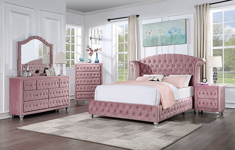 New York Pink Velvet Bedroom Set