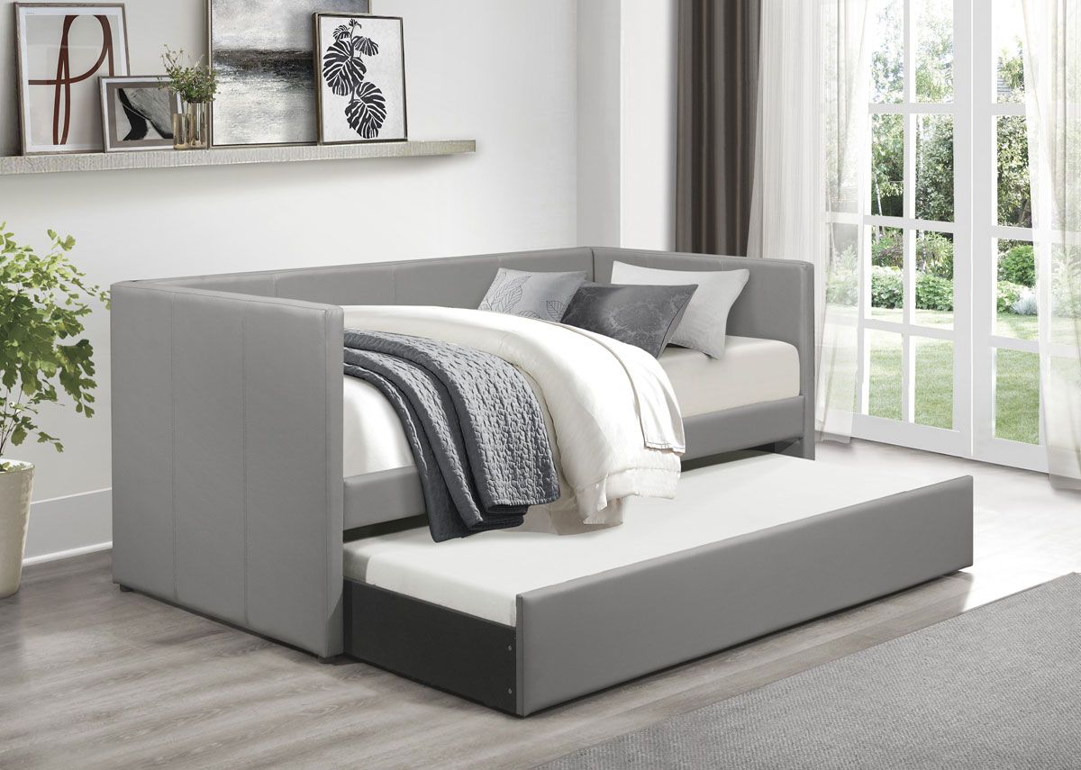 Norabel Grey Leather Daybed With trundle