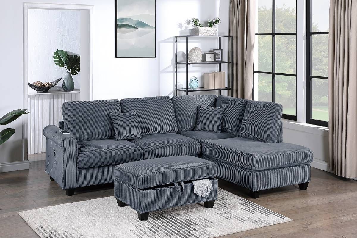 Okes Grey Corduroy Sectional With Ottoman