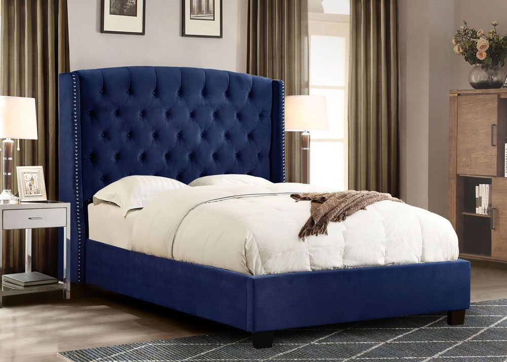 Olle Navy Velvet Fabric Bed