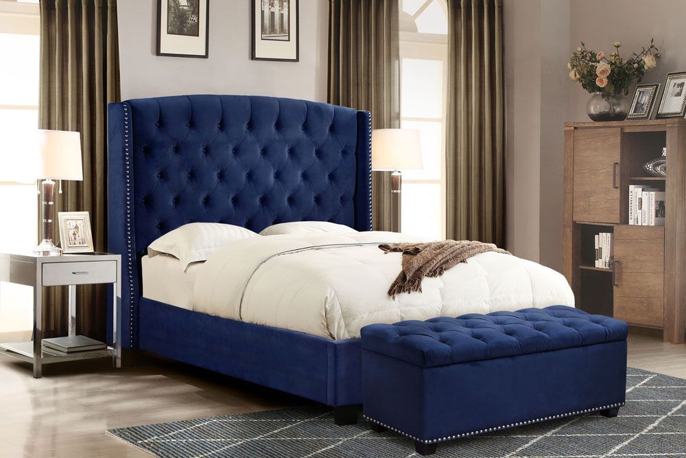 Olle Navy Velvet Bed With Bench