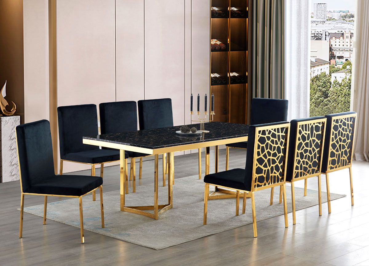 Black marble dining table with gold base