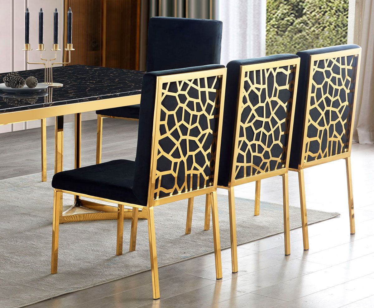 Black velvet dining chairs with gold base