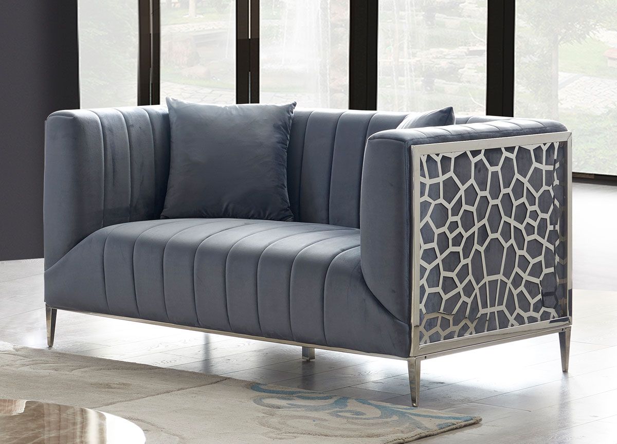 Opal grey velvet loveseat with chrome finish frame