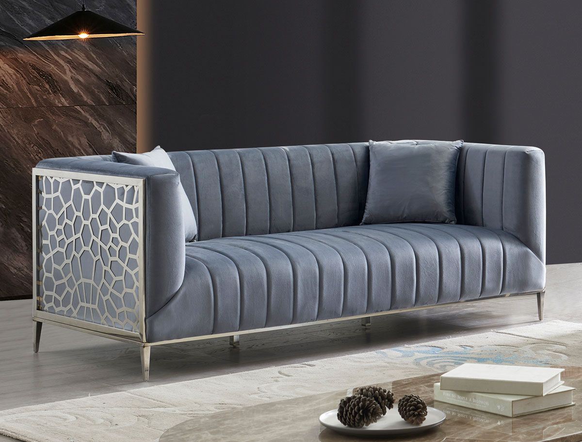 Opal grey velvet sofa with chrome finish frame