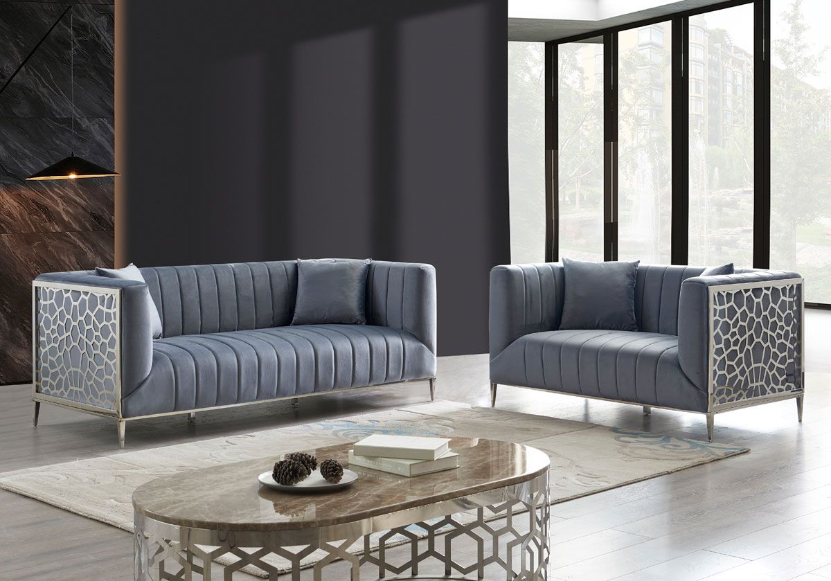 Opal grey velvet modern style sofa set