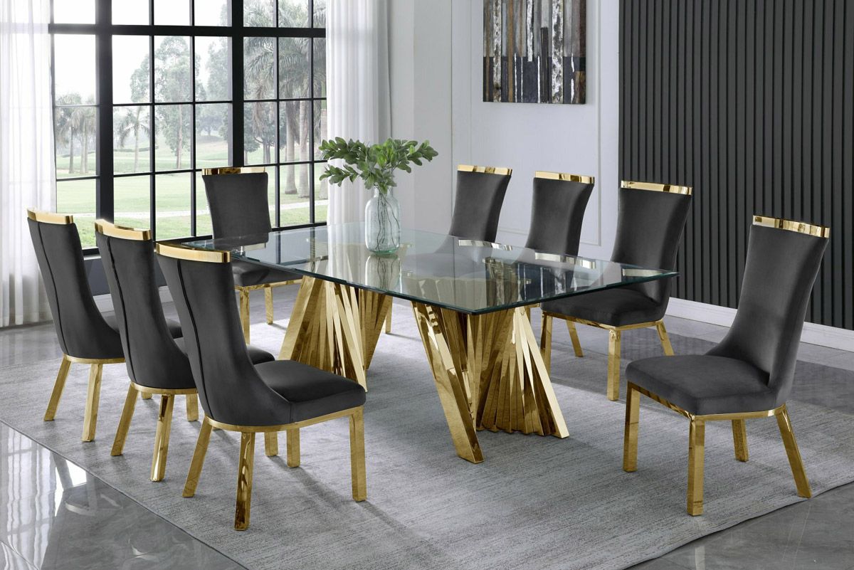 Orabelle Gold Finish Dining Table Set With Grey Chairs