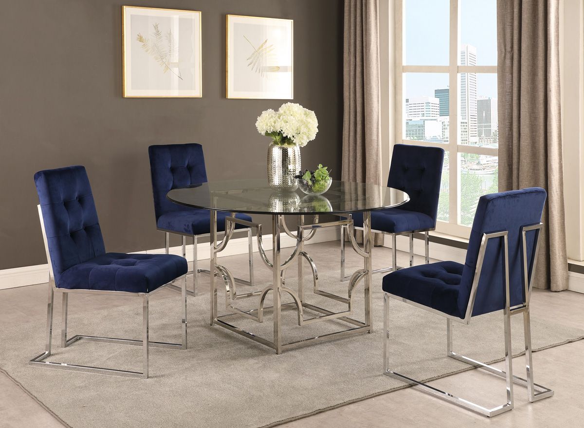 Orchid Chrome Dining Table Navy Velvet Chairs