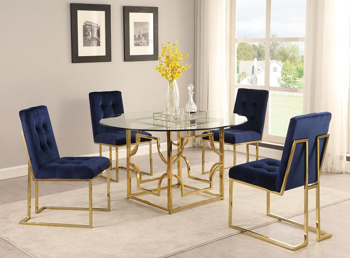 Orchid Gold Dining Table Navy Velvet Chairs