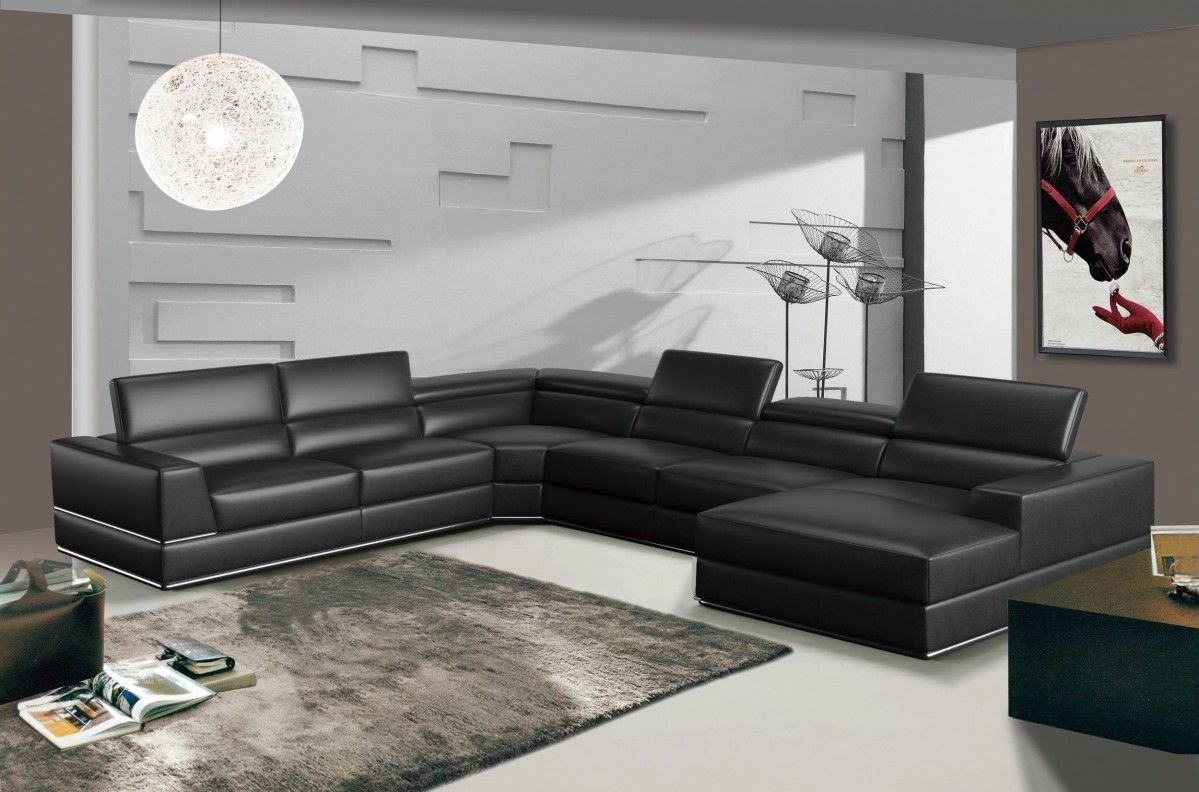 Oxana Black Leather U-Shape Modern Sectional