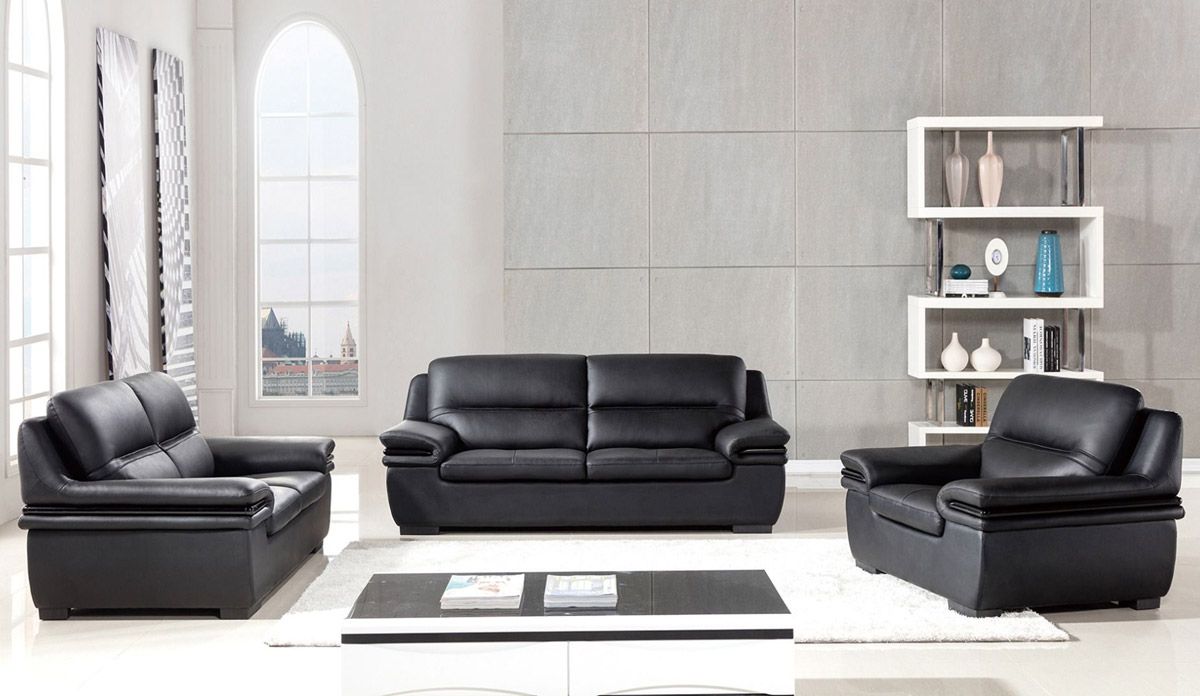 Panda Black Genuine Leather Sofa Set
