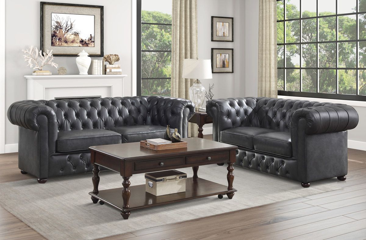 Paris Grey Leather Chesterfield Sofa Set