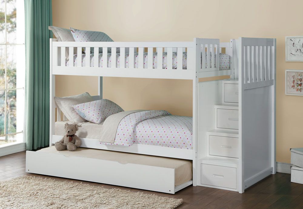 Pattin White Bunkbed With Trundle Bed,Pattin White Bunkbed With Two Drawers,Pattin White Bunkbed With Stair Case