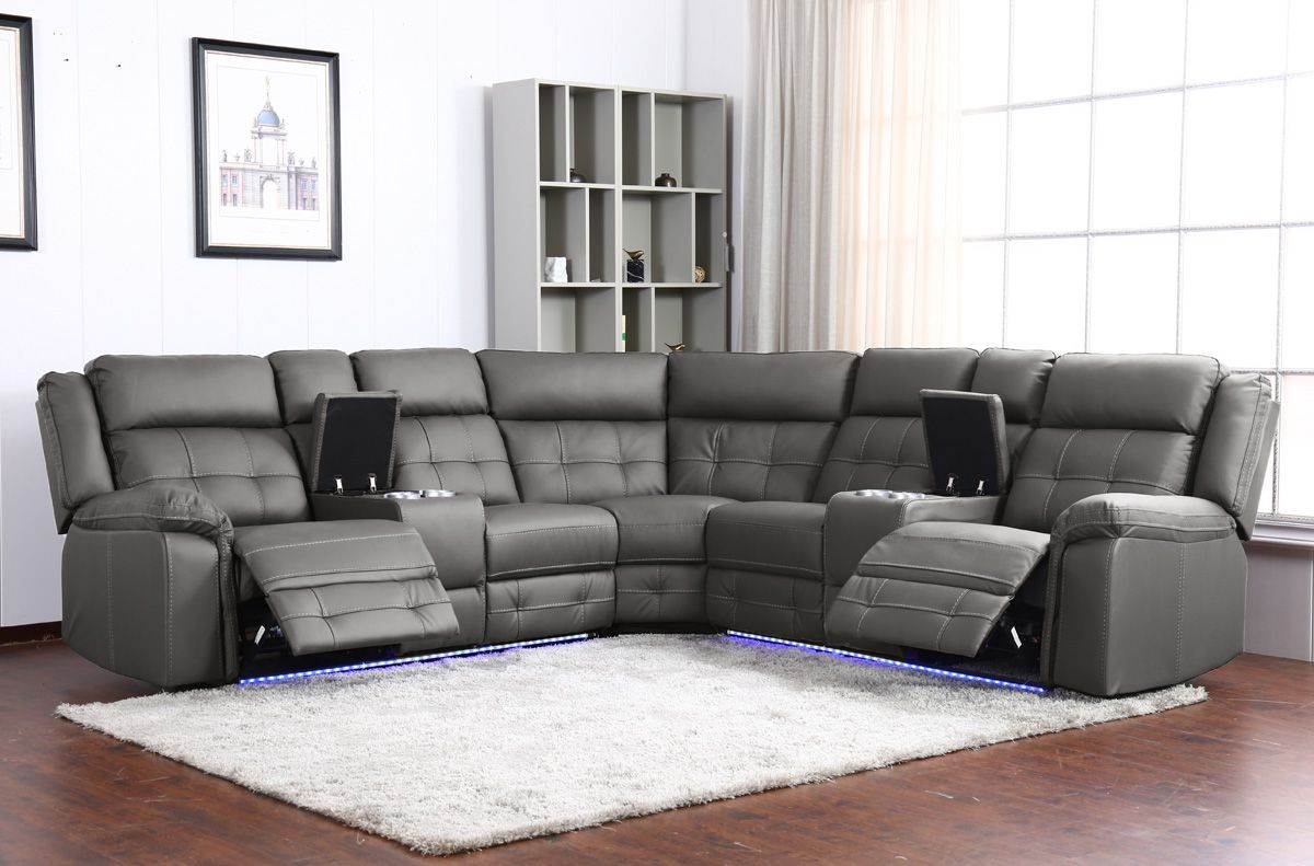 Payton Grey Leather Power Recliner Sectional Open