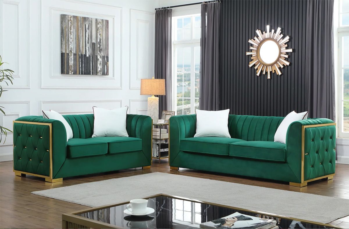 Pedro Green Velvet Sofa With Gold Accents