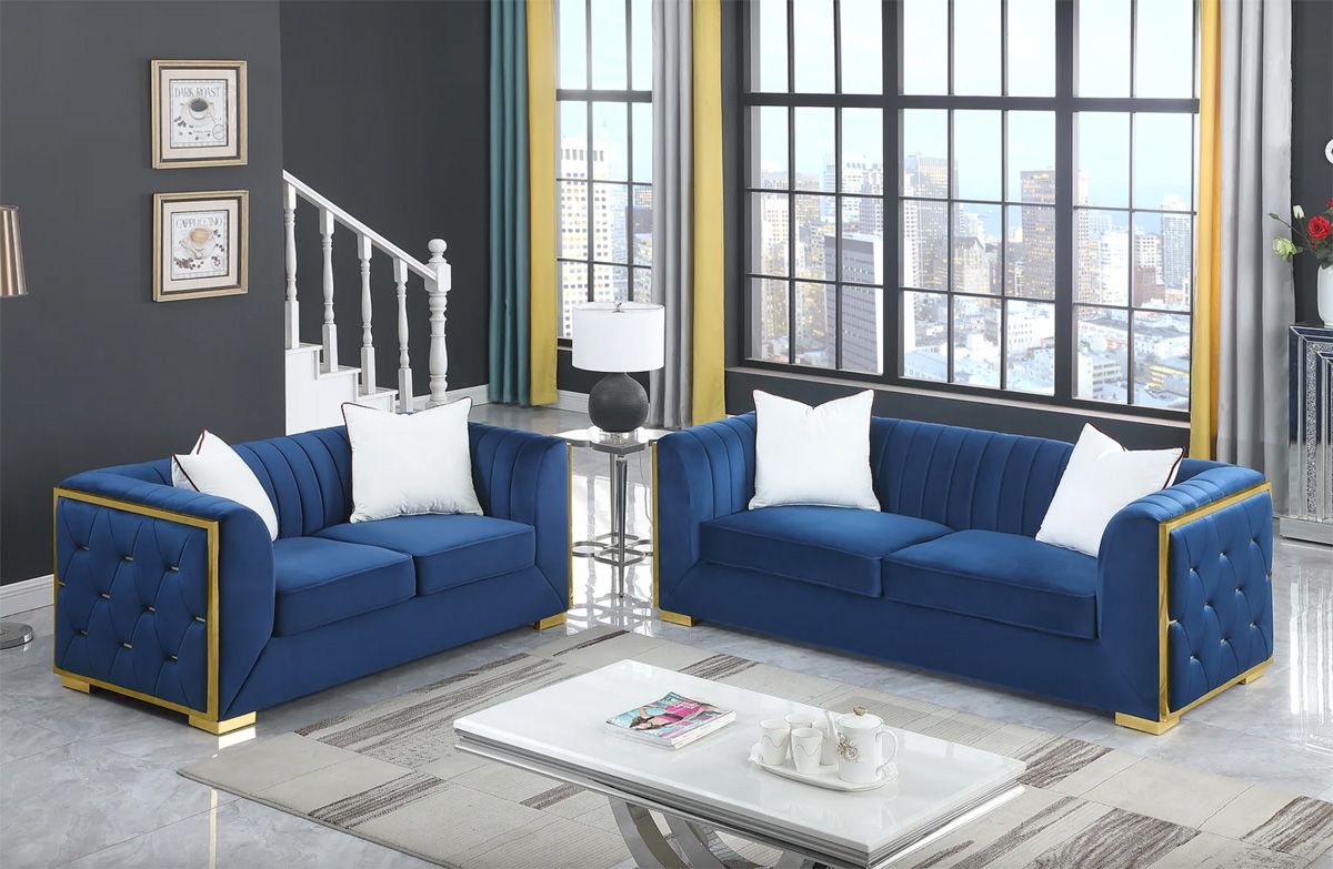 Pedro Navy Blue Velvet Sofa With Gold Accents