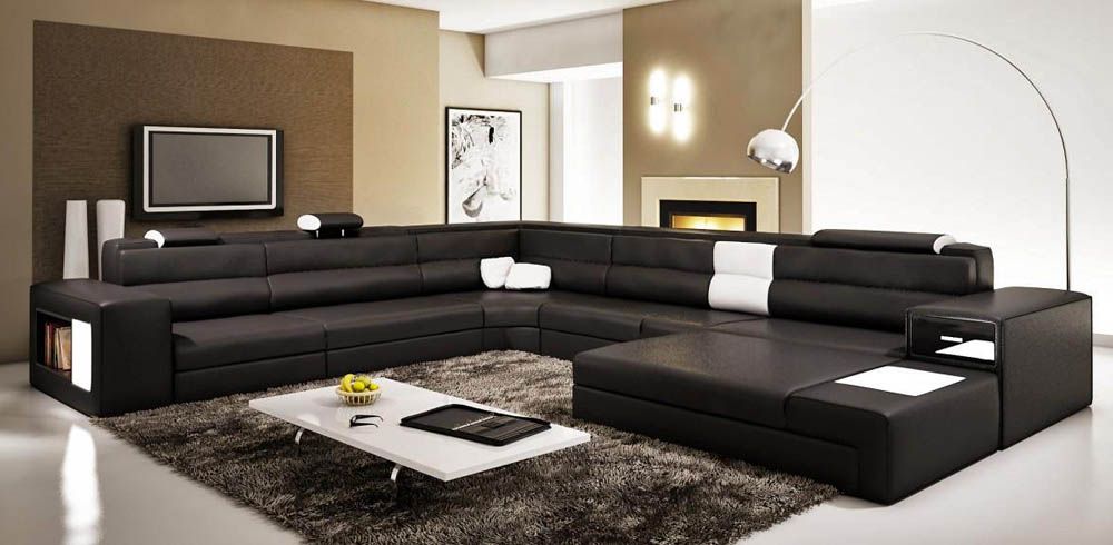 Polaris Black Leather Sectional With Lights