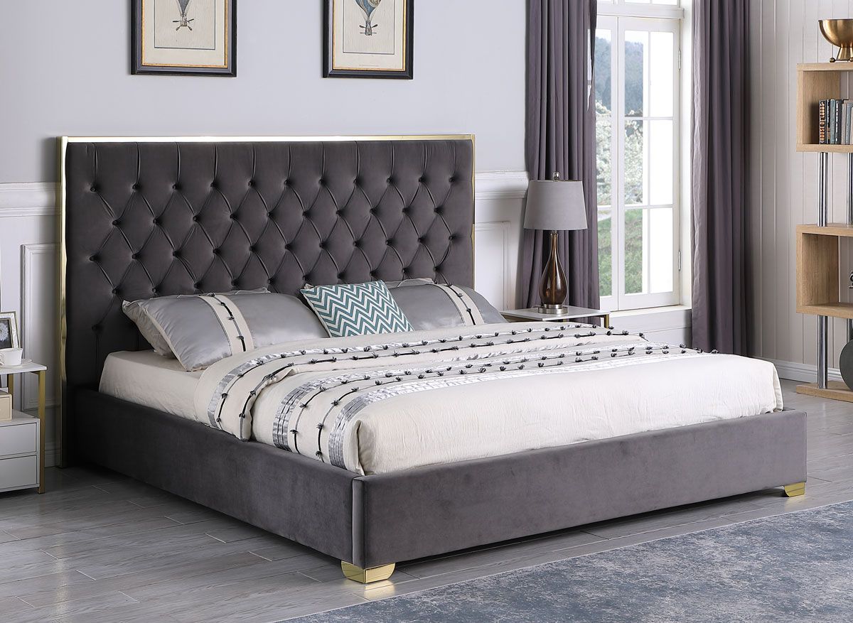 Prague Dark Grey Velvet Bed With Gold