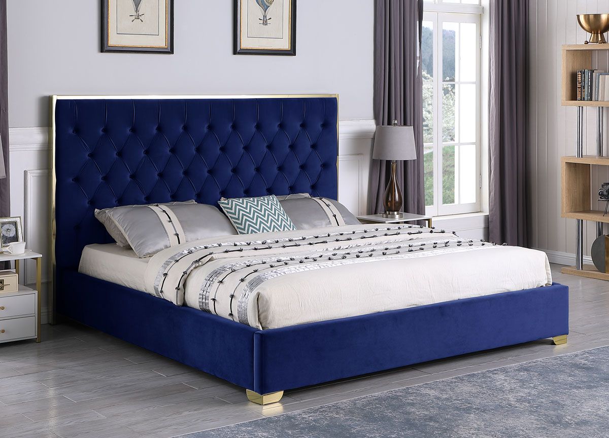 Prague Gold Bed Navy Blue Tufted Velvet 