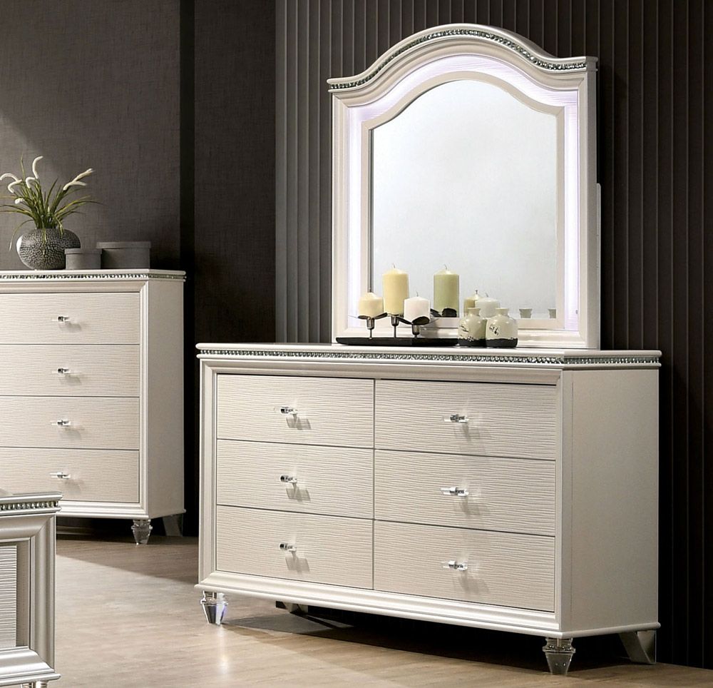 Rachele Pearl White Dresser With LED Mirror