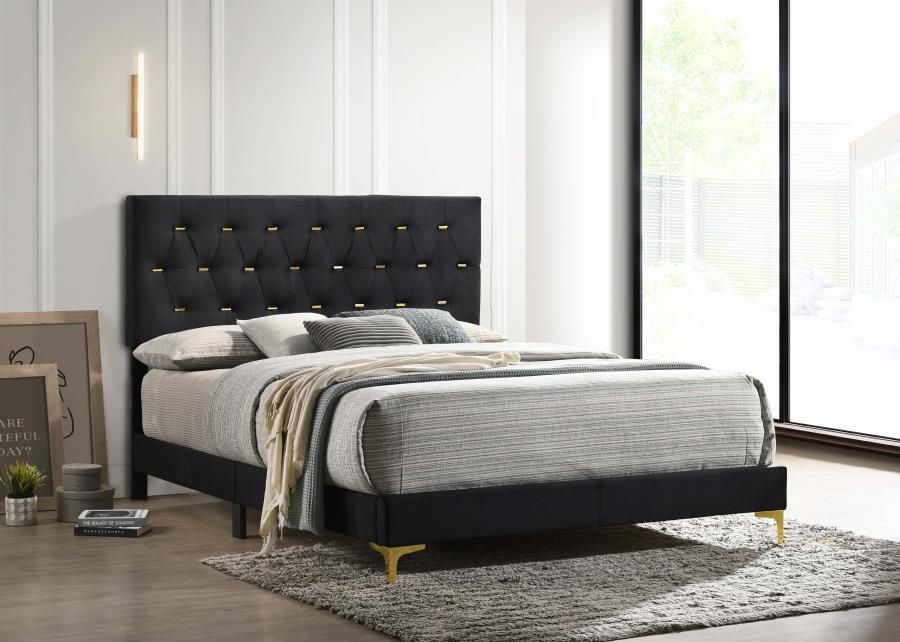 Raina Black Velvet Bed With Gold Accents