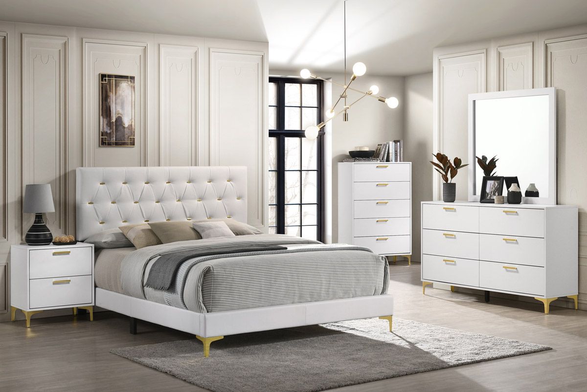 Raina White Velvet Bedroom Set With Gold Accents