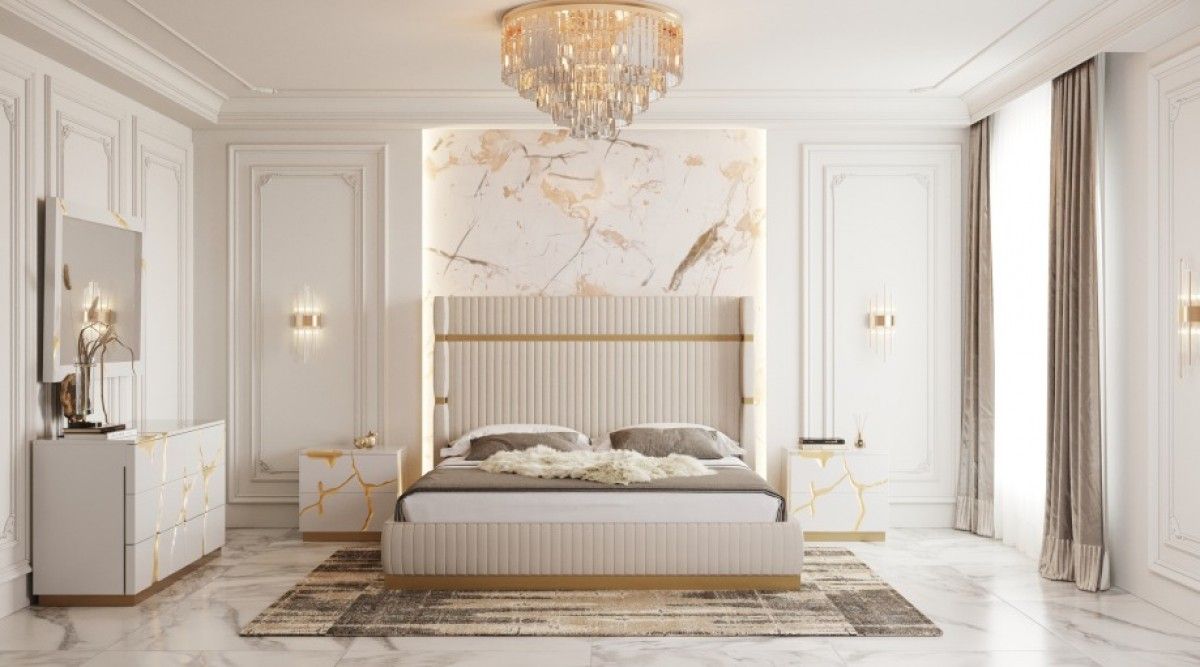 Rebeca Beige Leather Bedroom With Gold Accents